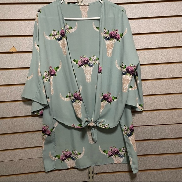 Peach Love Medium Light Green Floral Steer head Kimono Bell Sleeves Medium Tie F - Picture 2 of 5